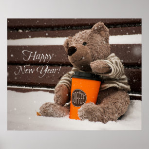 Póster Feliz Año Nuevo. Osito de peluche.