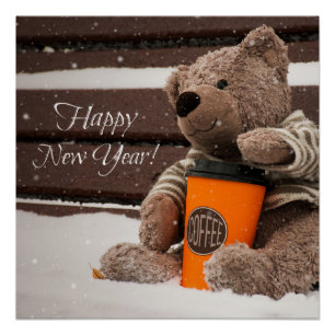 Póster Feliz Año Nuevo. Osito de peluche.