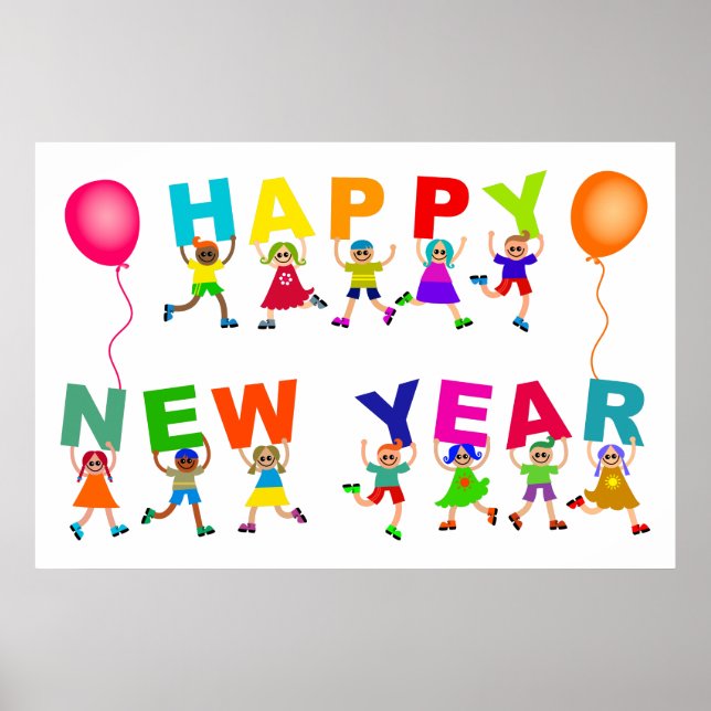 Póster Feliz Año Nuevo Personalizado lindo Diversos niños (Frente)