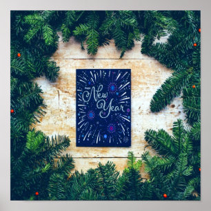 Póster Feliz Año Nuevo: Pino azul y verde
