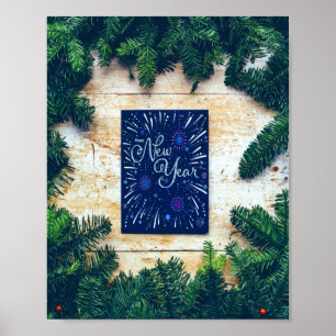 Póster Feliz Año Nuevo Pino Azul y Verde