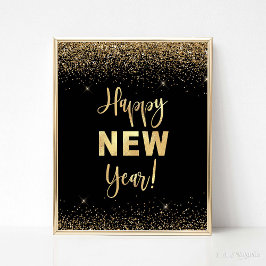 Póster Feliz Año Nuevo Rótulo de Fiesta Purpurina Negro y