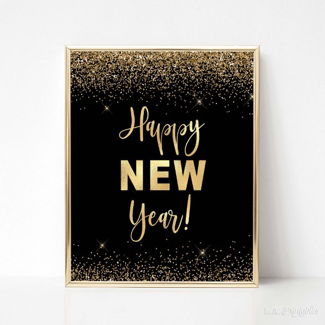 Póster Feliz Año Nuevo Rótulo de Fiesta Purpurina Negro y (Happy New Year Party Sign, Black & Gold Glitter Confetti Theme)