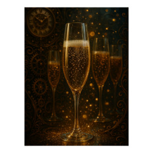 Póster Feliz Año Nuevo Steampunk Champán Glam 