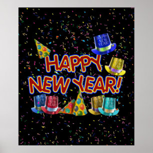 Póster Feliz Año Nuevo Texto con Gorras y Fiestas
