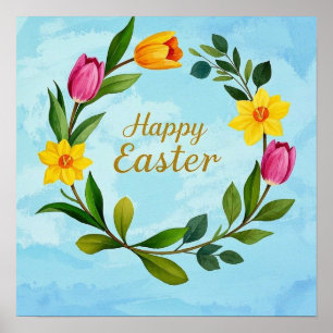 Póster Feliz Año Pascua, corona de tulipanes