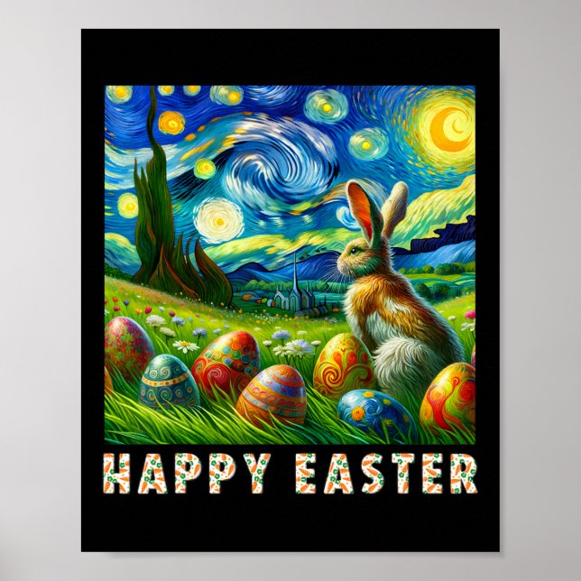 Póster Feliz Año Pascua Van Gogh Style Bunny And Eggs (Frente)