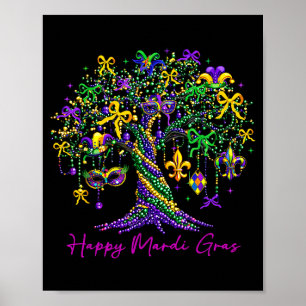 Póster Feliz árbol de cuentas de Mardi Gras Carnaval Muje