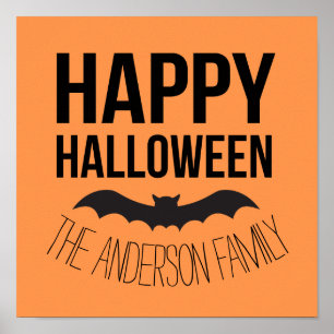 Póster Feliz Bat de Halloween con nombre negro
