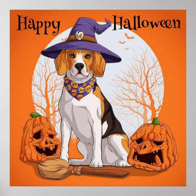 Póster Feliz Bruja Beagle de Halloween (Frente)