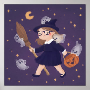 Póster Feliz Bruja de Halloween y fantasmas