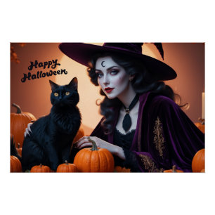 Póster Feliz Bruja de Halloween y su gato negro