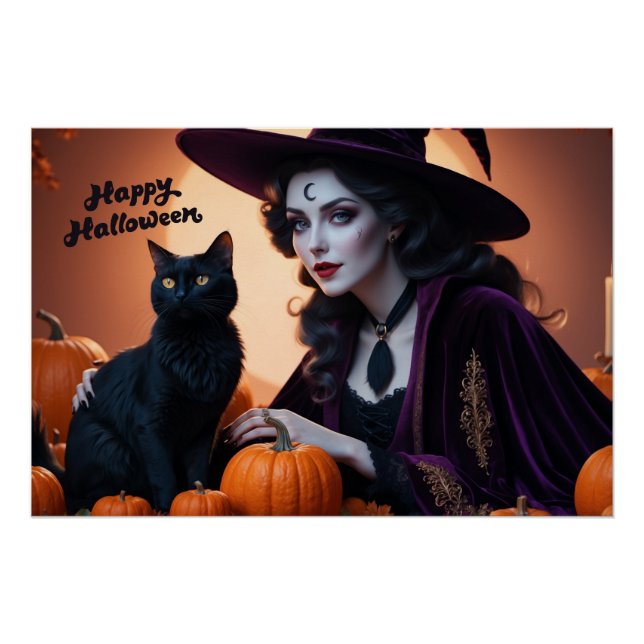 Póster Feliz Bruja de Halloween y su gato negro (Anverso)