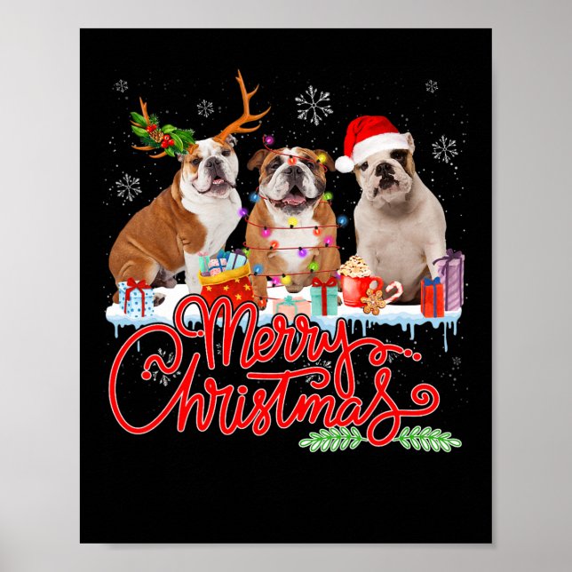 Póster Feliz Bulldog navideño con luz de reno (Frente)