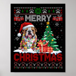 Póster Feliz Bulldog navideño Perro Amantes Familia Feo X