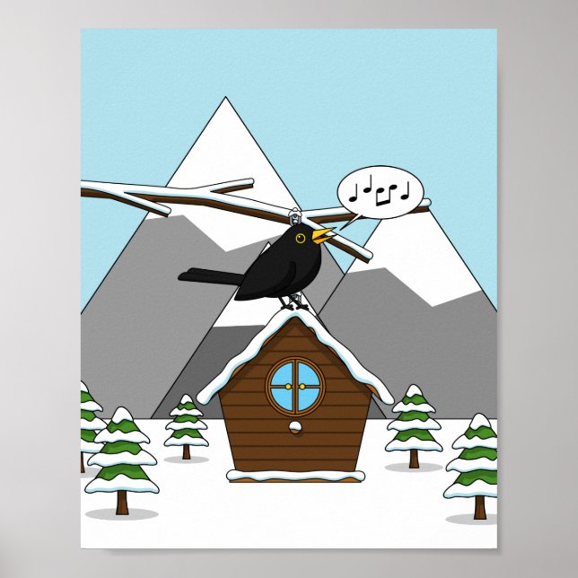 Póster Feliz Canto de Blackbird en el paisaje invernal (Frente)