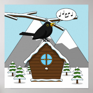 Póster Feliz Canto de Blackbird en el paisaje invernal