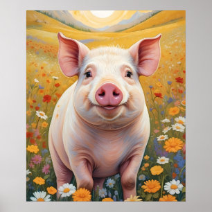 Póster Feliz Cerdito Sunny Daisy Field