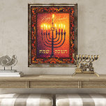 Póster Feliz Chanukah Menorah Naranja Pintura barroca roj<br><div class="desc">Añada un toque festivo a cualquier pared con este vintage cuadro de Hanukkah,  que incluye la menorah de 9 ramas (hanukkiah),  la Estrella de David y una vintage frontera barroca en tonos naranja,  rojo y amarillo. El texto para Happy Chanukah aparece en inglés y hebreo.</div>