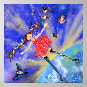 Póster Feliz Chica con Poster de Pájaros Felicidad