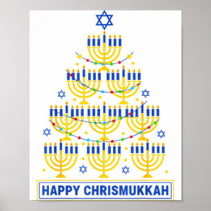 Póster Feliz Chrismukkah Hanukkah Luz Árbol Vacaciones Ju