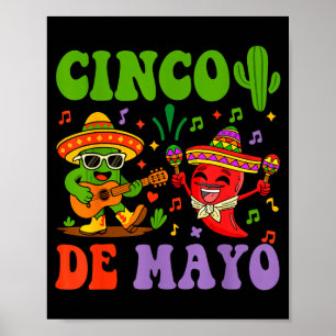 Póster Feliz cinco de mayo cactus y pimienta mexicano