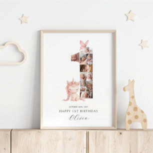 Póster Feliz Collage de fotos unicornio de primer cumplea