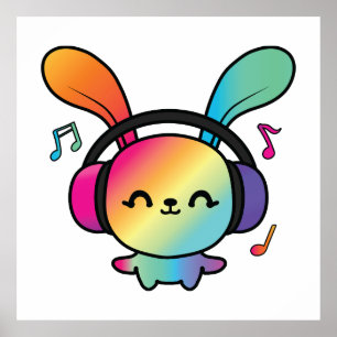 Póster Feliz Conejo con auriculares escuchando música.