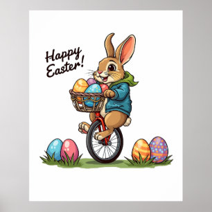 Póster Feliz Conejo de Pascua en un uniciclo con canasta