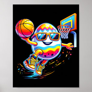 Póster Feliz conejo de Pascua lanzando huevos de balonces