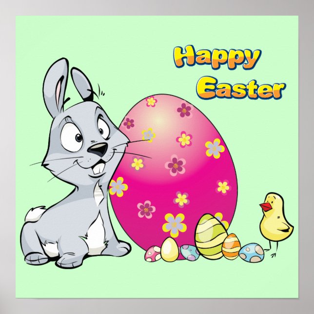 Póster Feliz Conejo de Pascua y Baby Chick (Frente)