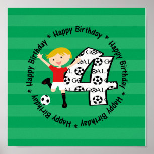 Póster Feliz cuarto cumpleaños a la ronda de fútbol de la
