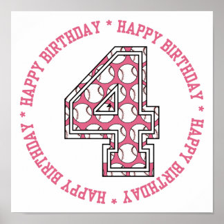 Póster Feliz cuarto cumpleaños número de béisbol