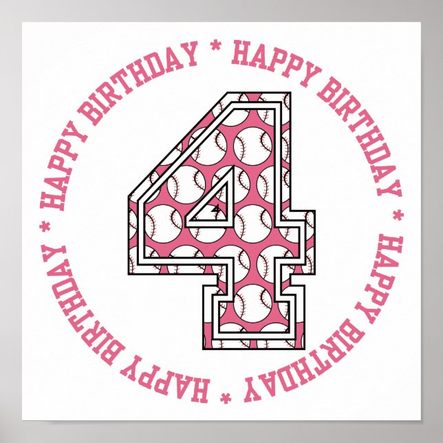 Póster Feliz cuarto cumpleaños número de béisbol (Frente)
