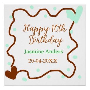 Póster Feliz cumpleaños 10 verde pastel marrón borde span