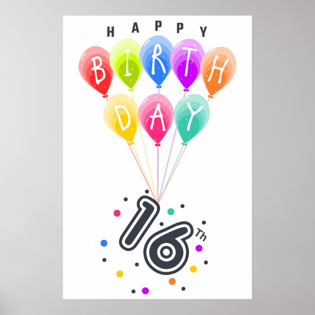 Póster Feliz cumpleaños 16 con Poster de globos coloridos (Frente)