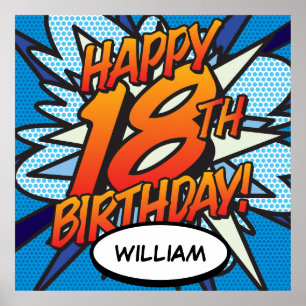Póster FELIZ CUMPLEAÑOS 18 Comic Book Pop Art azul