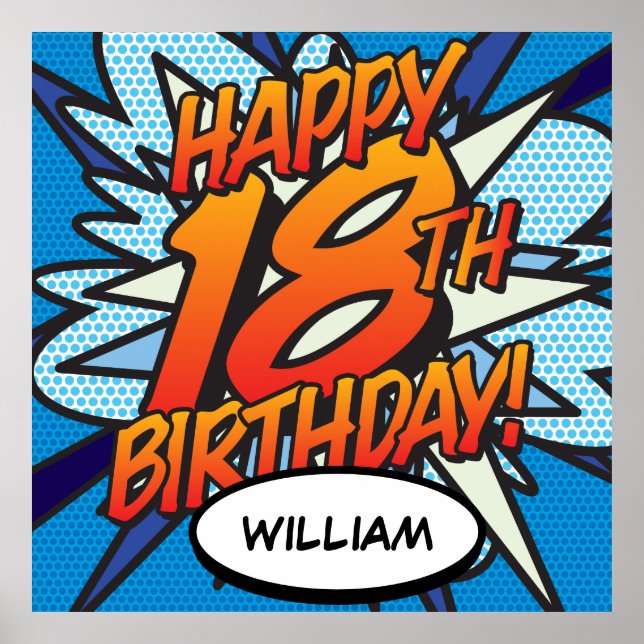 Póster FELIZ CUMPLEAÑOS 18 Comic Book Pop Art azul (Frente)
