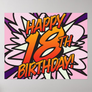 Póster FELIZ CUMPLEAÑOS 18 Comic Book Pop Art rosa