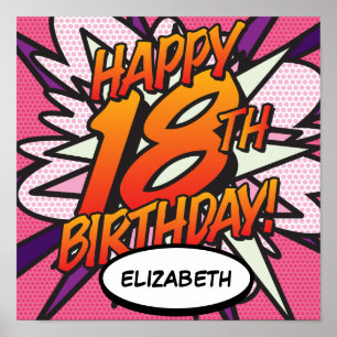 Póster FELIZ CUMPLEAÑOS 18 Comic Book Pop Art rosa