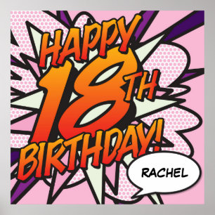 Póster FELIZ CUMPLEAÑOS 18 Comic Book Pop Art Rosa