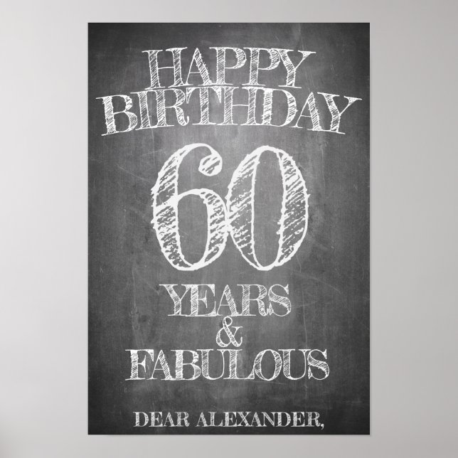 Póster Feliz cumpleaños - 60 años y fabuloso en chalkboar (Frente)