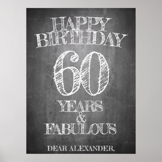 Póster Feliz cumpleaños - 60 años y fabuloso en chalkboar (Frente)