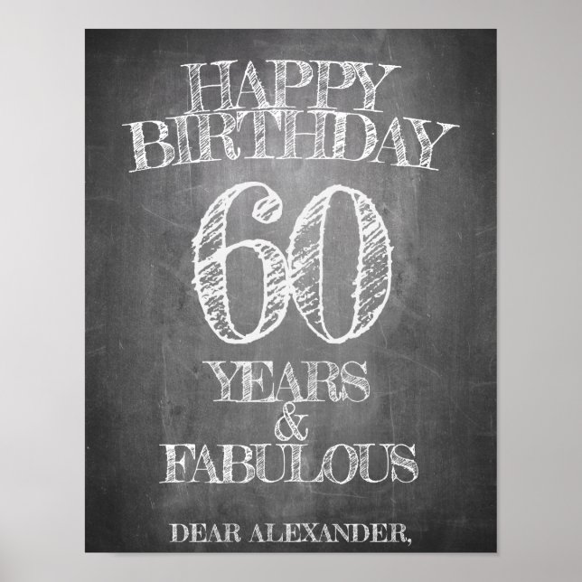 Póster Feliz cumpleaños - 60 años y fabuloso en chalkboar (Frente)