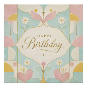 Póster Feliz Cumpleaños Art Deco Floral Geométrico Pastel