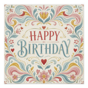 Póster Feliz Cumpleaños Arte Popular Escandinavo Florales