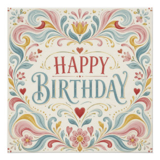 Póster Feliz Cumpleaños Arte Popular Escandinavo Florales
