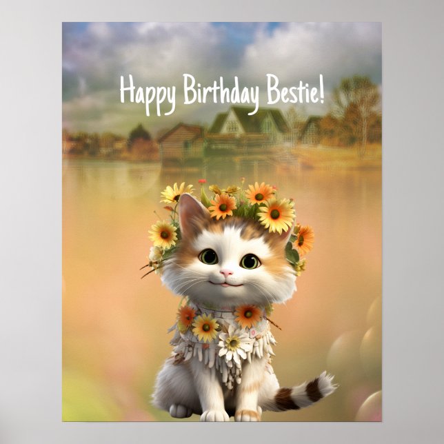 Póster Feliz cumpleaños Bestie Cute Boho Cat (Frente)