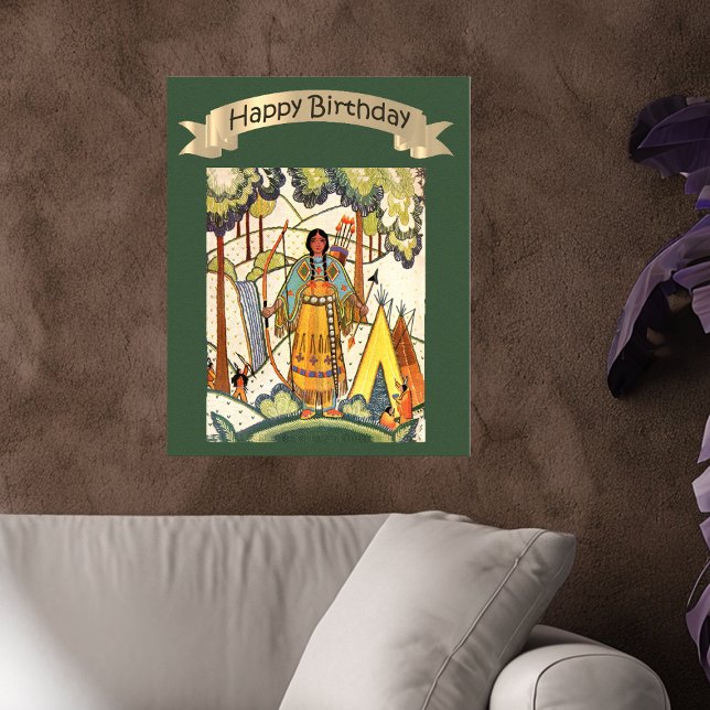 Póster Feliz cumpleaños, bordado de mujer nativa norteame (Happy Birthday poster decoration embroidery texture Native American woman in woods on green.)