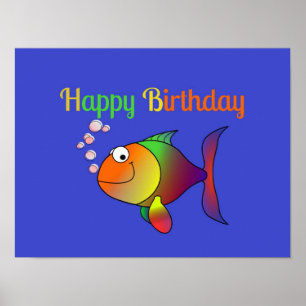 Póster Feliz cumpleaños, burbujas y peces,